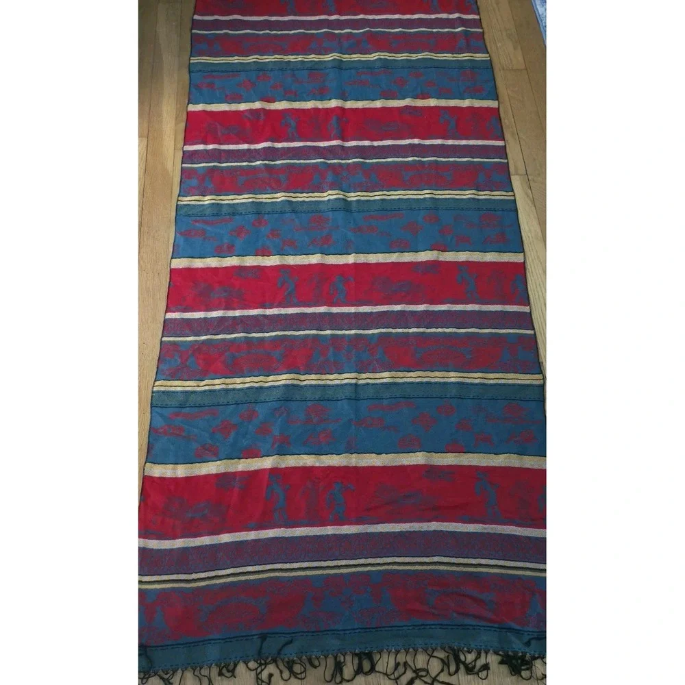 VTG Lihong Chinese Art Blanket Runner Tribal Southwest Red Blue Tapestry 66x26